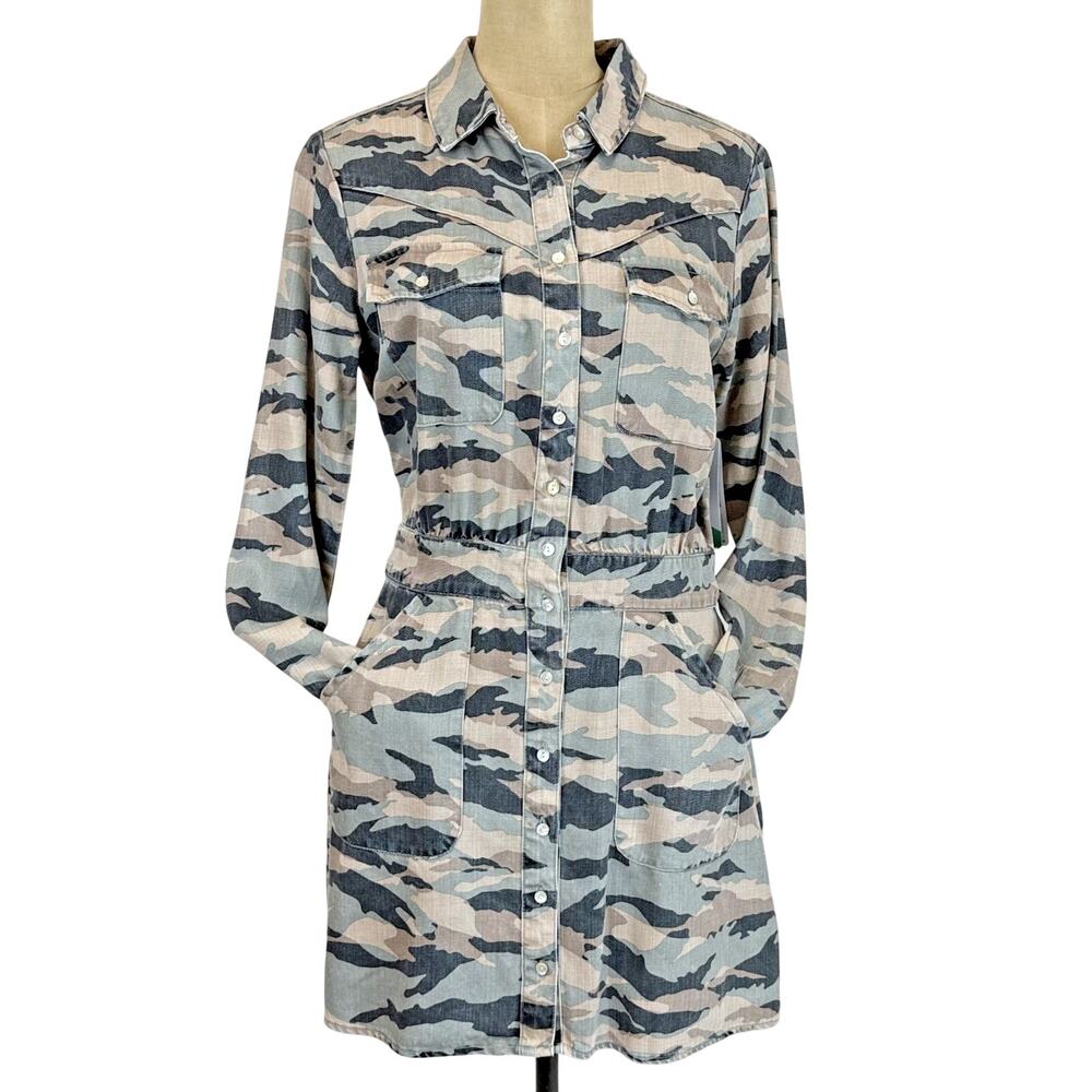 NWT Dear John Green Camo Print Long Sleeve Button Up Midi Dress Size XS